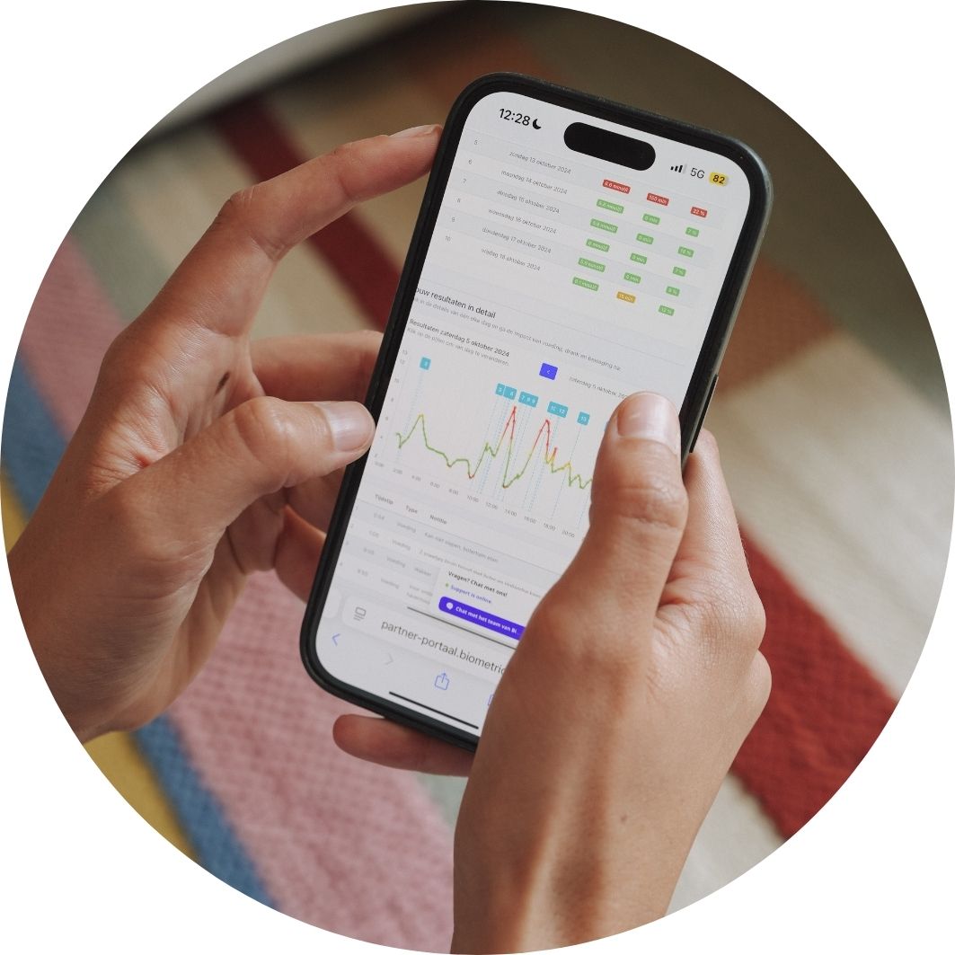 Continue glucose monitor (CGM) grafiek op smartphone voor metabole analyse door diëtist.